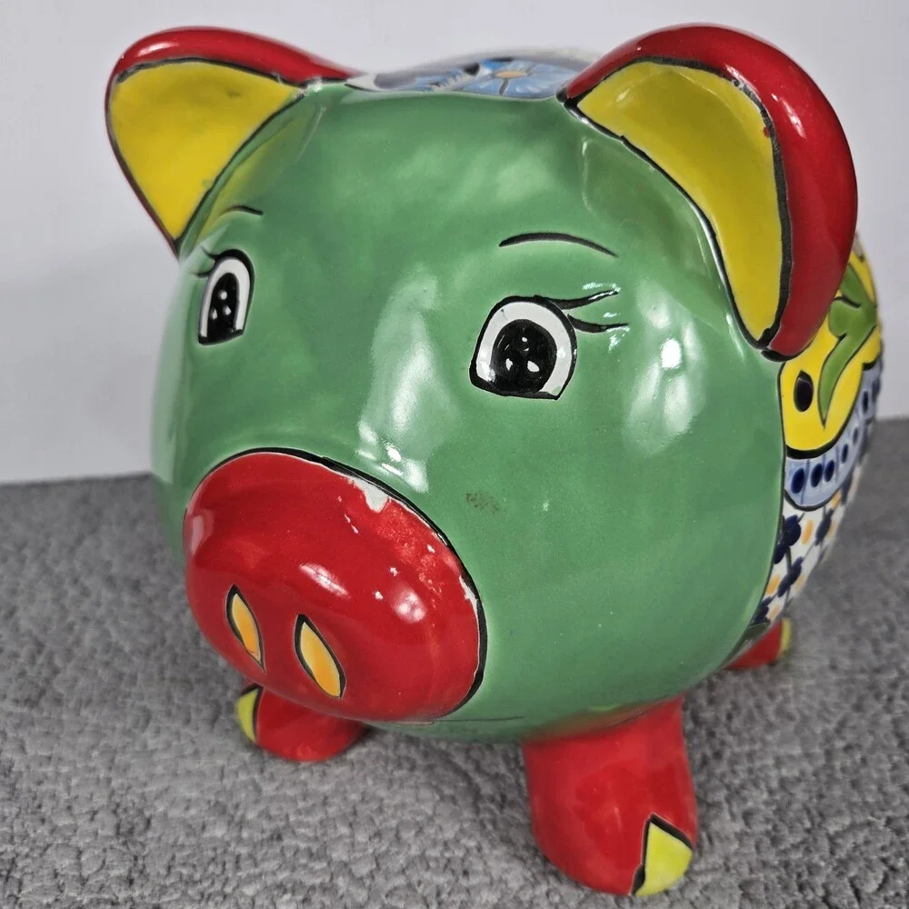 Talavera Piggy Bank Mexican Pottery Art Hand Painted 9.5 x 7.5 X 8 In